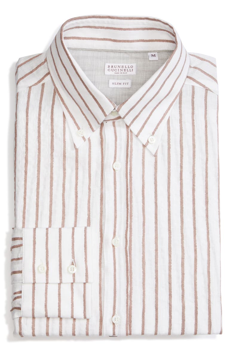 Brunello Cucinelli Slim Fit Stripe Linen Button-Down Shirt, Alternate, color,