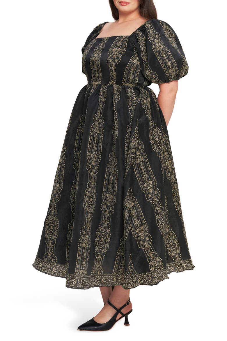 Puff Sleeve Midi Dress, Alternate, color, BLACK TAUPE