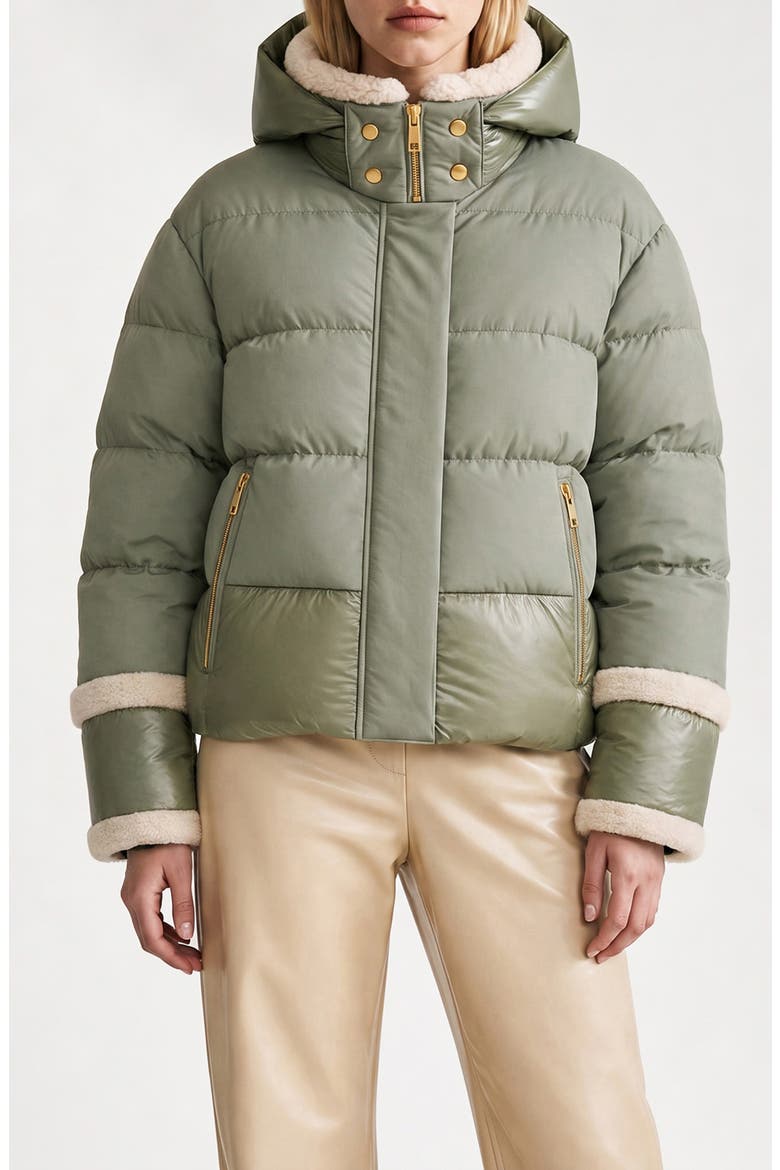 Karly Faux Shearling Trim Puffer Jacket, Main, color, SAGE