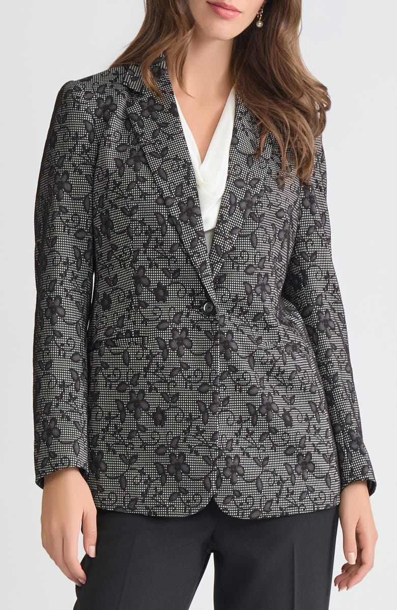 KASPER Floral Notch Lapel Blazer, Main, color, Black/ Vanilla Ice
