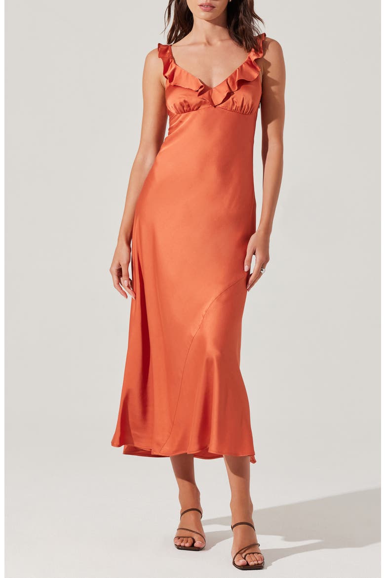 Zoie Ruffle Neck Satin Slipdress, Main, color, BRICK
