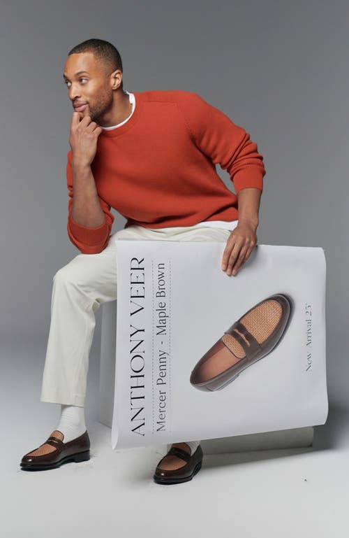 Anthony Veer Mercer Penny Loafer In Maple Brown Leather & Woven