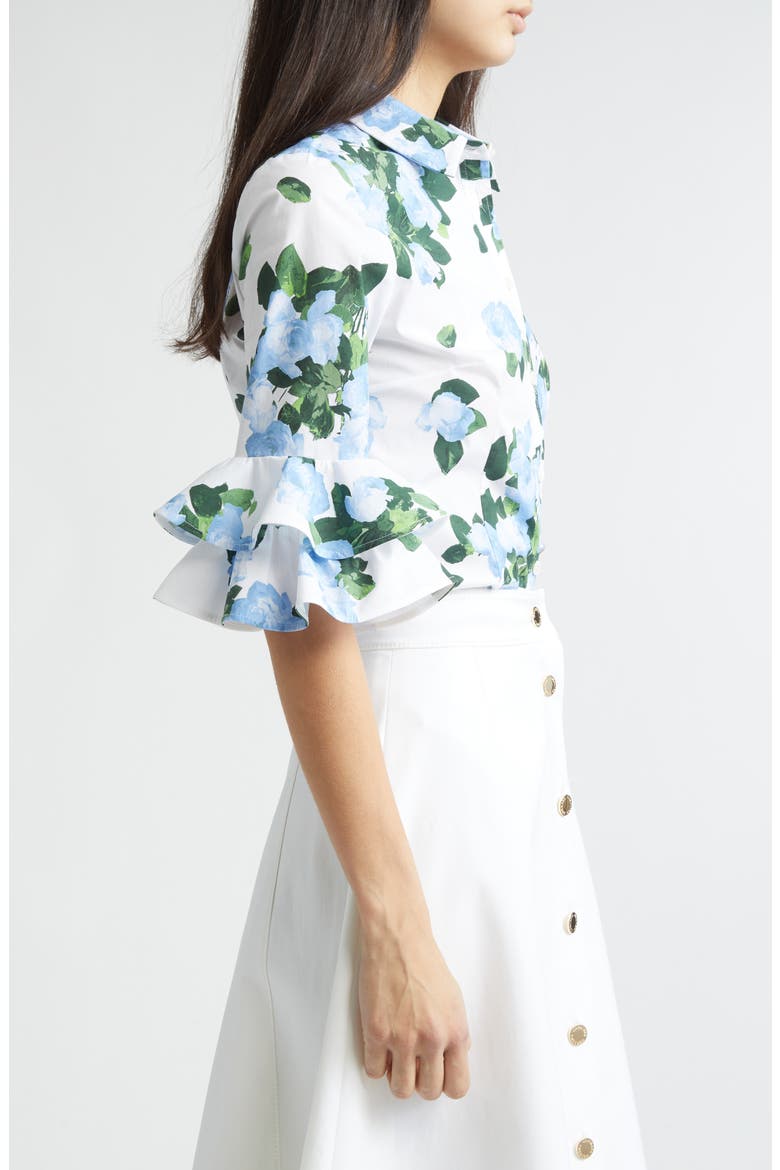 Rose Print Tiered Ruffle Cuff Button-Up Shirt, Alternate, color, WHITE MULTI
