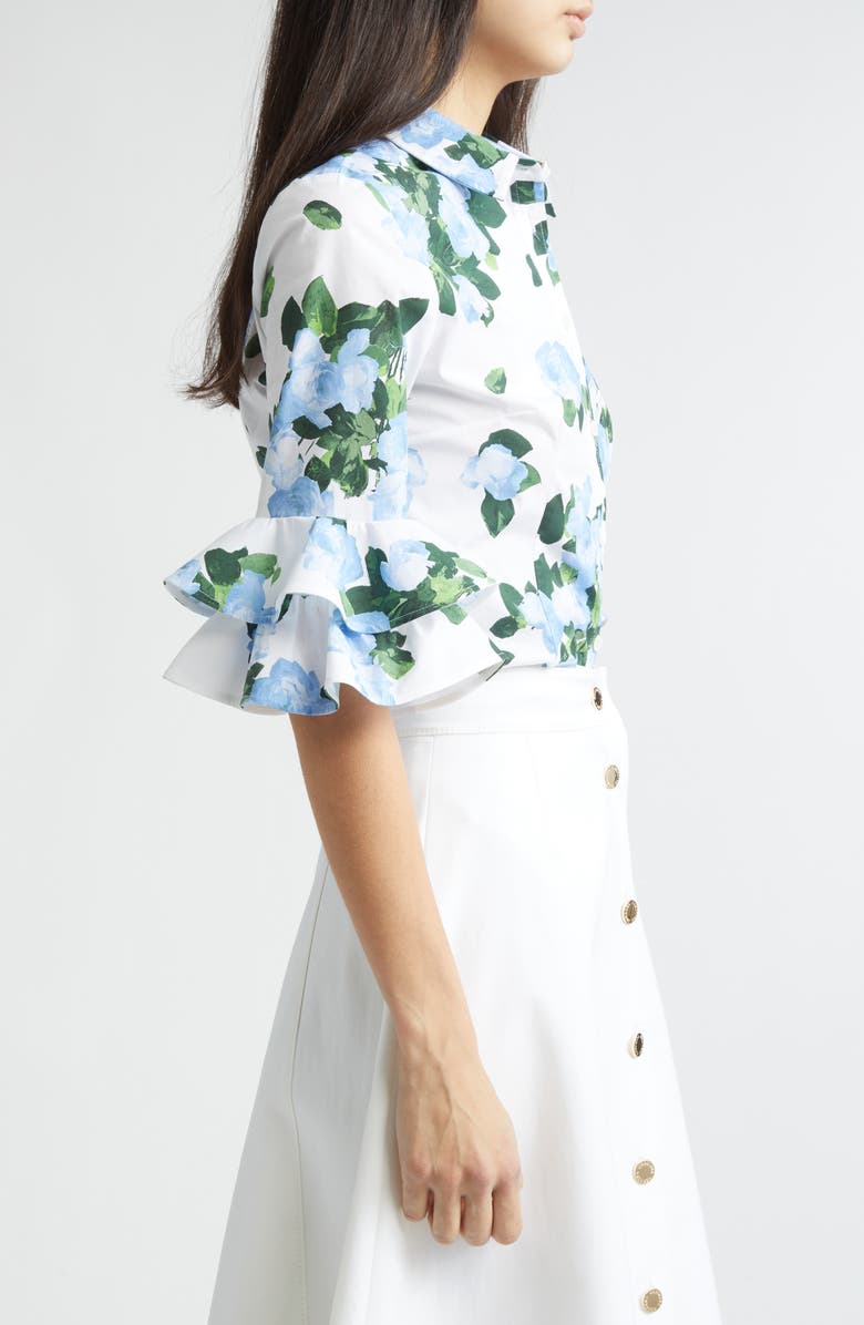 Carolina Herrera Rose Print Tiered Ruffle Cuff Button-Up Shirt, Alternate, color, White Multi