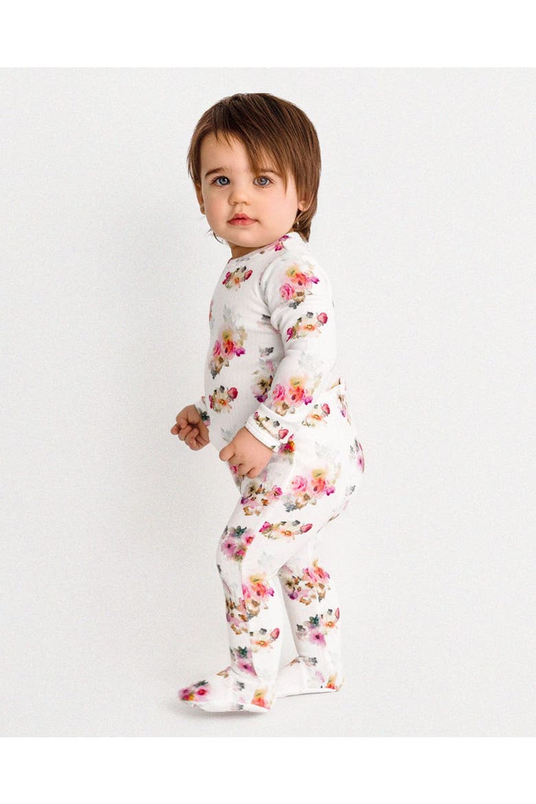 Floral-Print Pointelle Footie, Alternate, color, Winter White