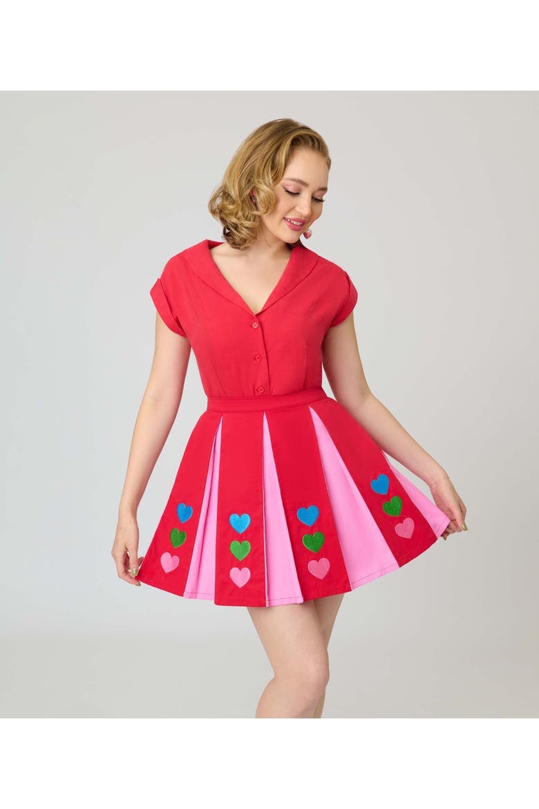 1960s Pleated Mini Skirt, Main, color, Red & Pink Heart Print