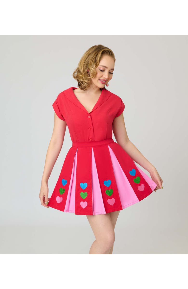 Smak Parlour 1960s Pleated Mini Skirt, Main, color, Red & Pink Heart Print