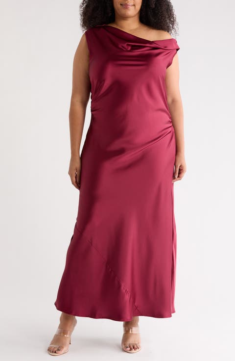 One-Shoulder Satin Maxi Dress (Plus)