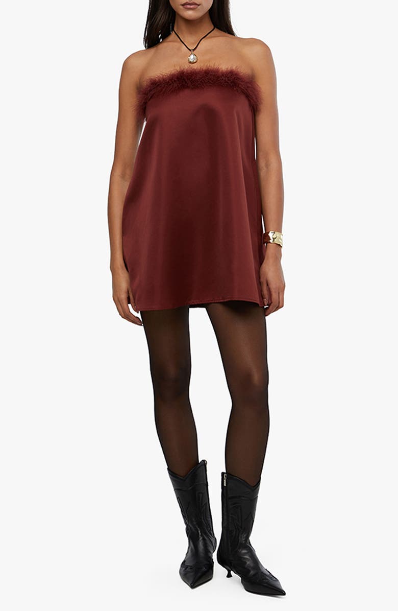 WeWoreWhat Faux Fur Strapless Satin Dress, Main, color,