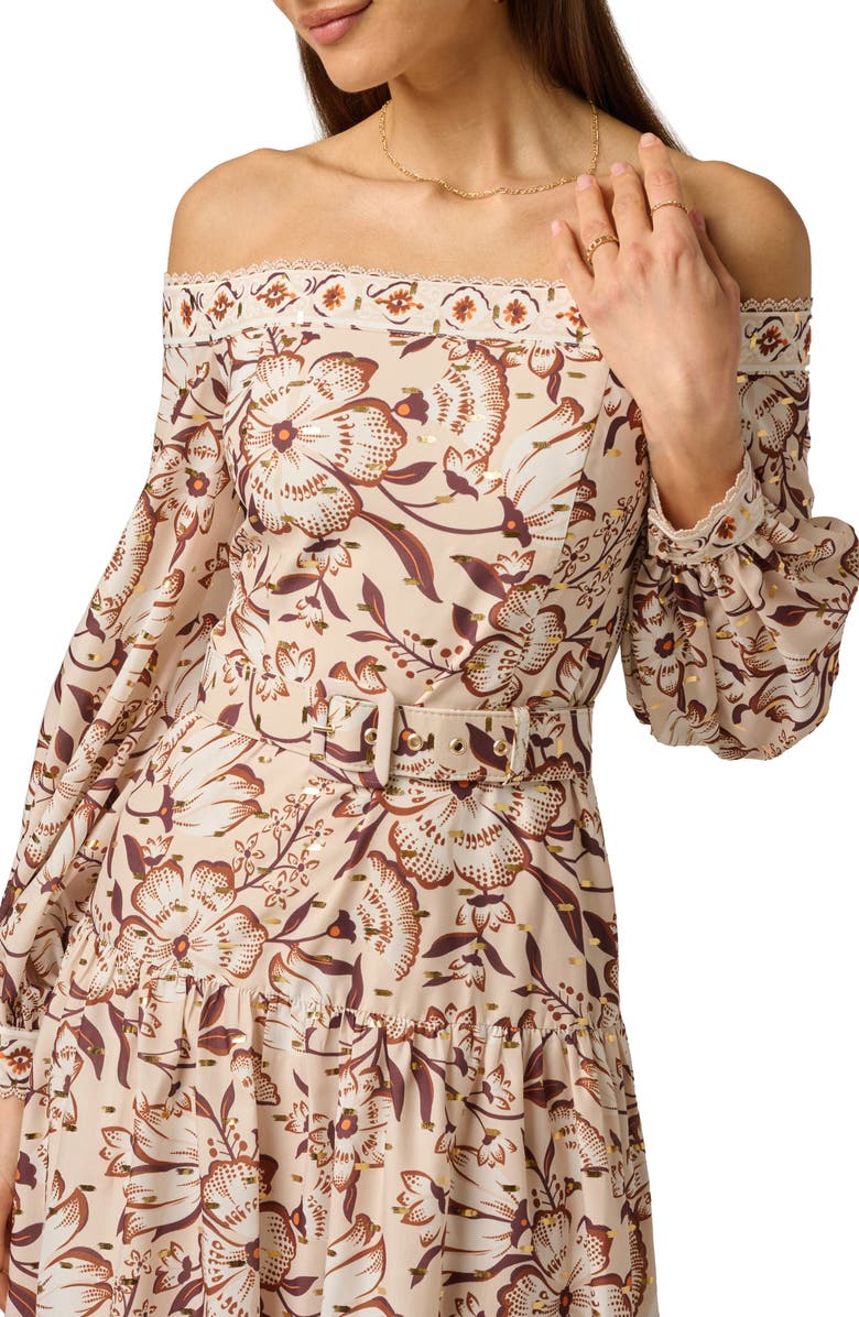 Adrianna Papell Floral Metallic Fleck Off the Shoulder Belted Cotton Dress, Alternate, color, Ecru/ Chocolate