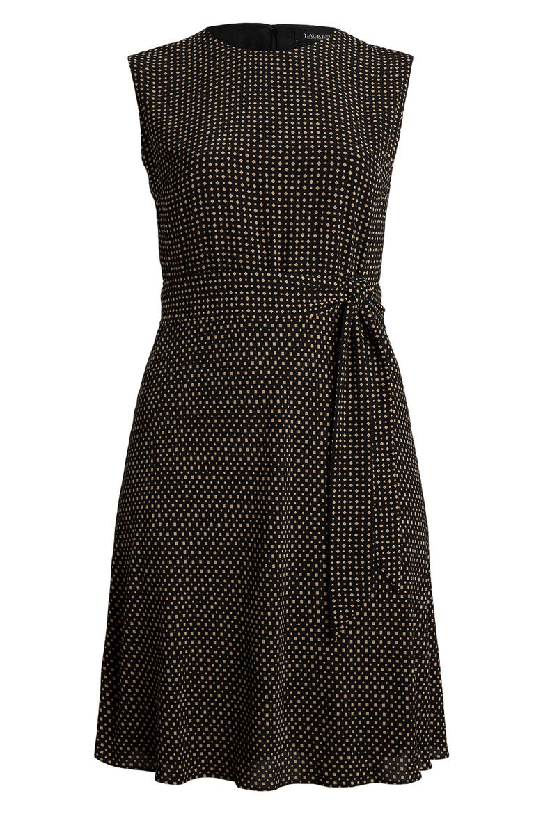 Geo Print Sleeveless Crepe Dress, Alternate, color, BLACK/ TAN