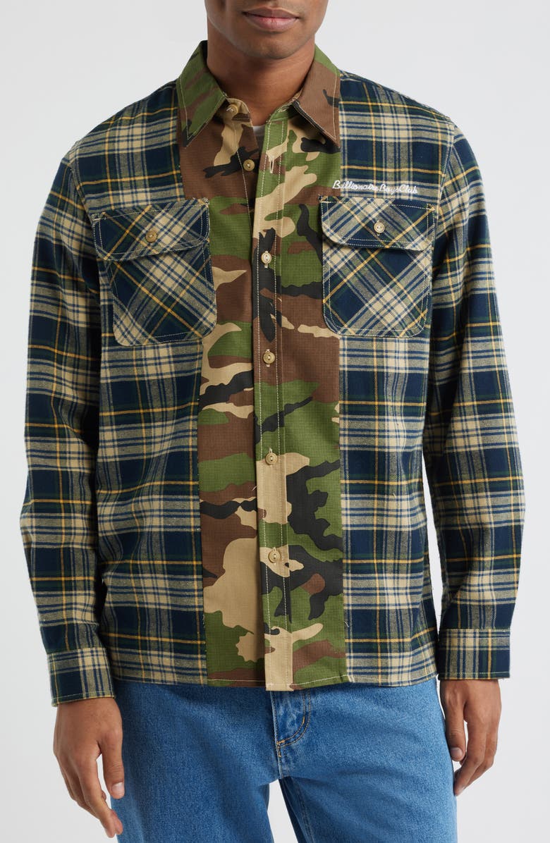 Billionaire Boys Club BB Wanderlust Plaid & Camo Cotton Button-Up Shirt, Alternate, color, Cypress