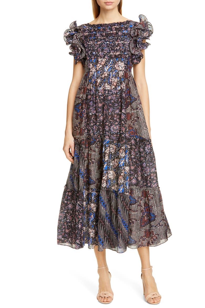 Zoya Ruffle Trim Ikat Midi Dress, Main, color, INDIGO