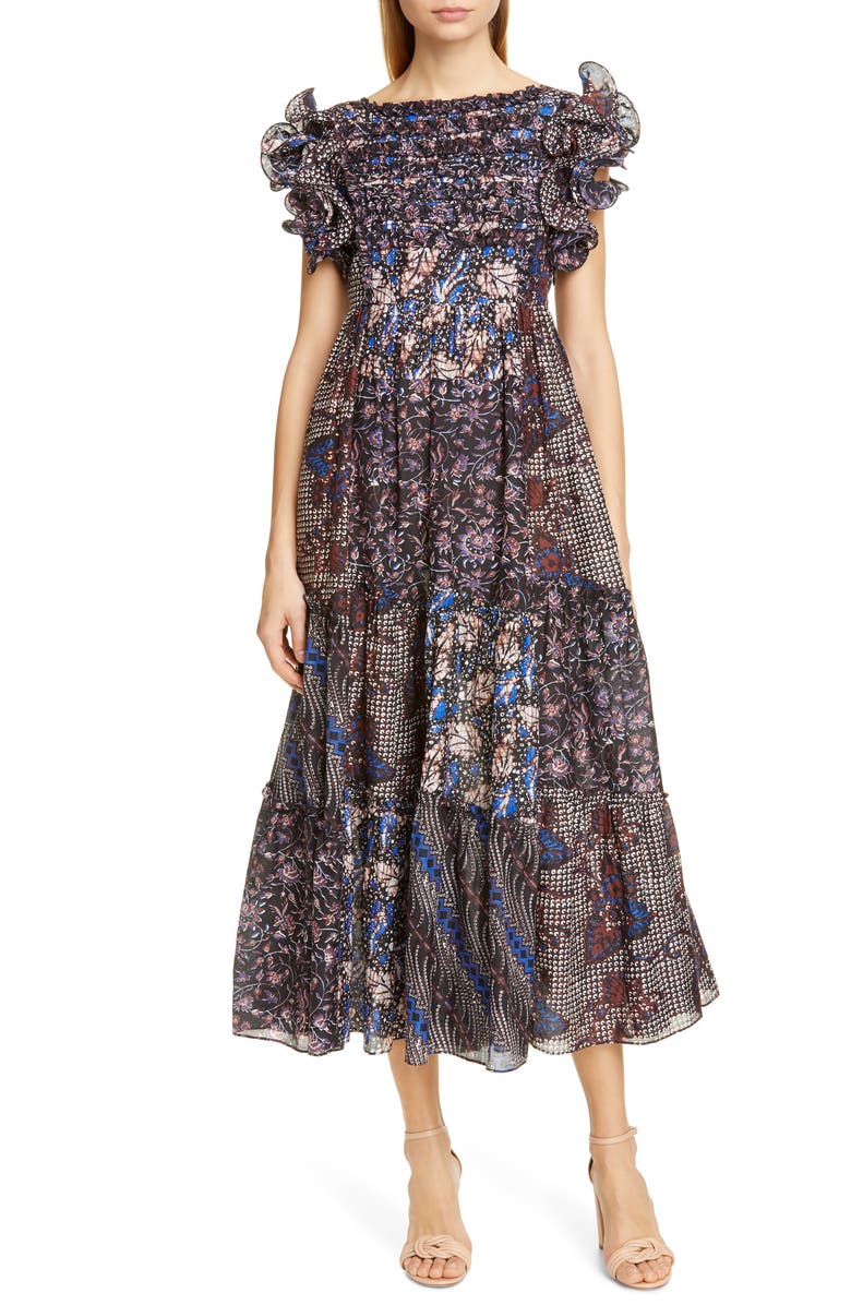 Ulla Johnson Zoya Ruffle Trim Ikat Midi Dress, Main, color, 