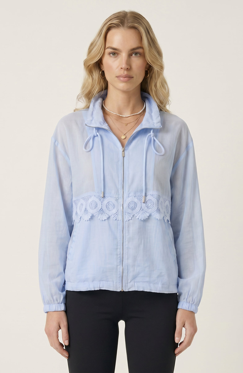Lace Inset Zip Front Jacket with Drawstring Collar and Elastic Trim
