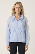 Modenaire Lace Inset Zip Front Jacket with Drawstring Collar and Elastic Trim