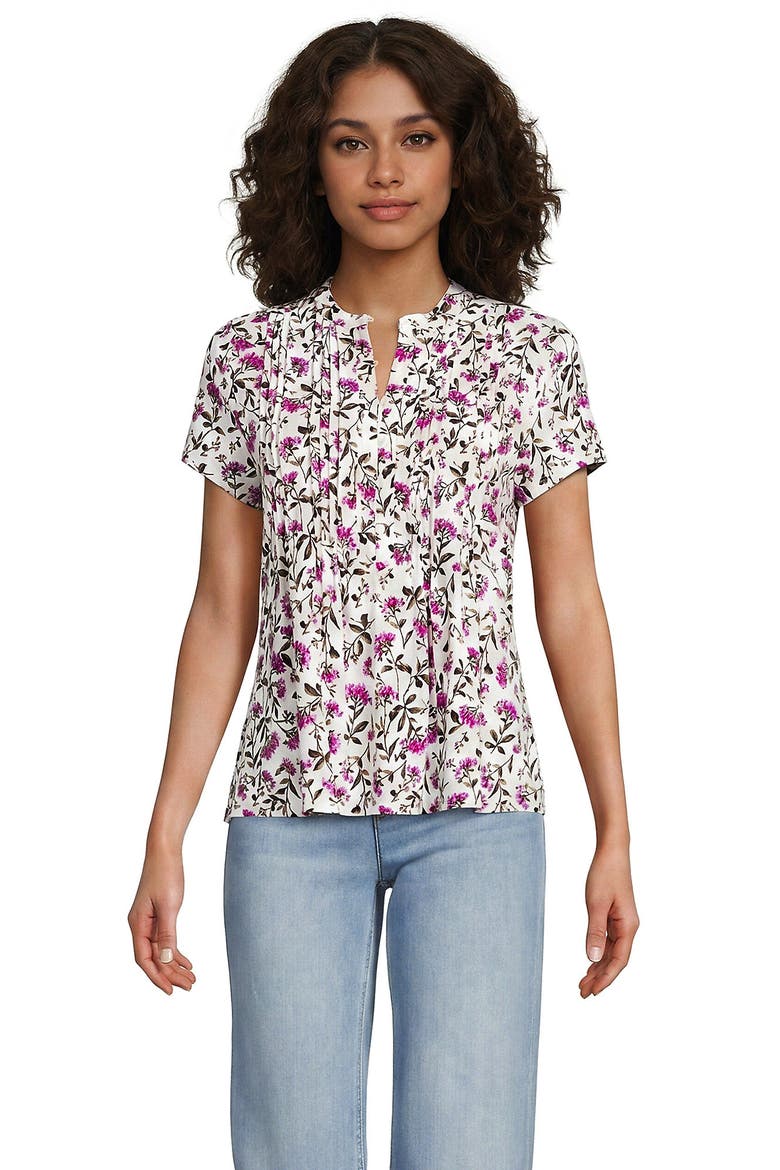 Lightweight Jersey Button Pintuck Top, Main, color, Ivory/Pink Hydrangea