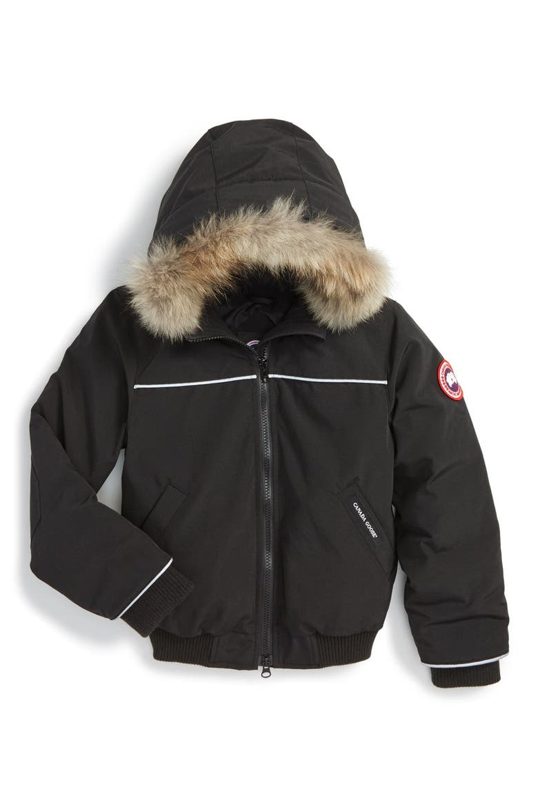 'Grizzly' Down Hooded Bomber Jacket with Genuine Coyote Fur Trim, Main, color, BLACK