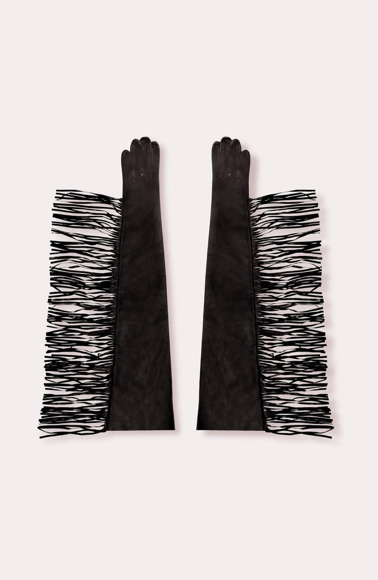 Seymoure Stacked Fringe Leather Opera Gloves, Main, color, 