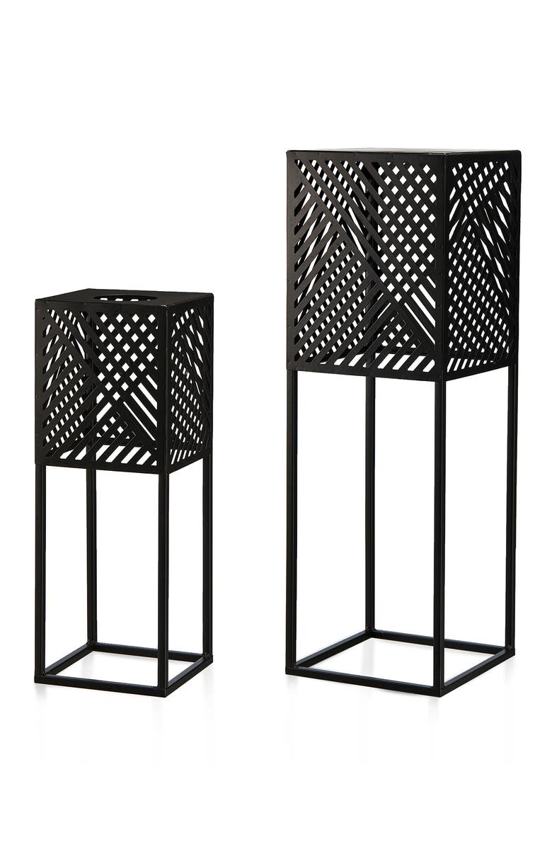 Glitzhome Set of 2 Metal Geometric Floor Solar Powered Outdoor Lanterns, Alternate, color, Black