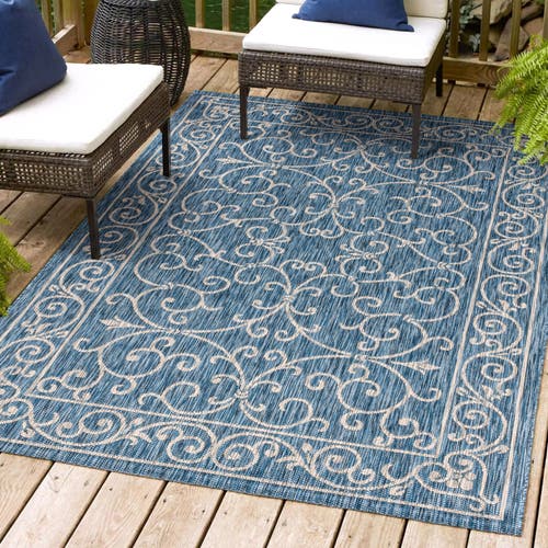 Shop Jonathan Y Charleston Vintage Filigree Textured Weave Indoor/outdoor Area Rug In Navy/gray