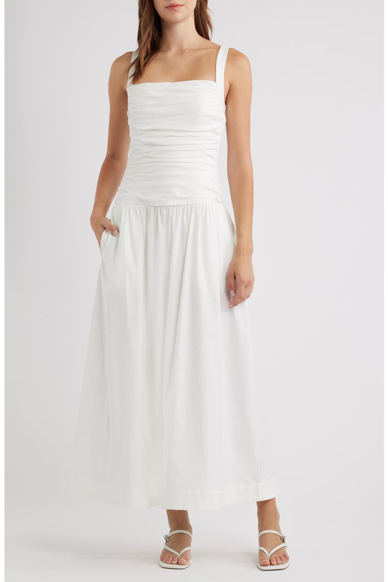 Nesta Ruched Bodice Stretch Cotton Dress, Main, color, WHITE