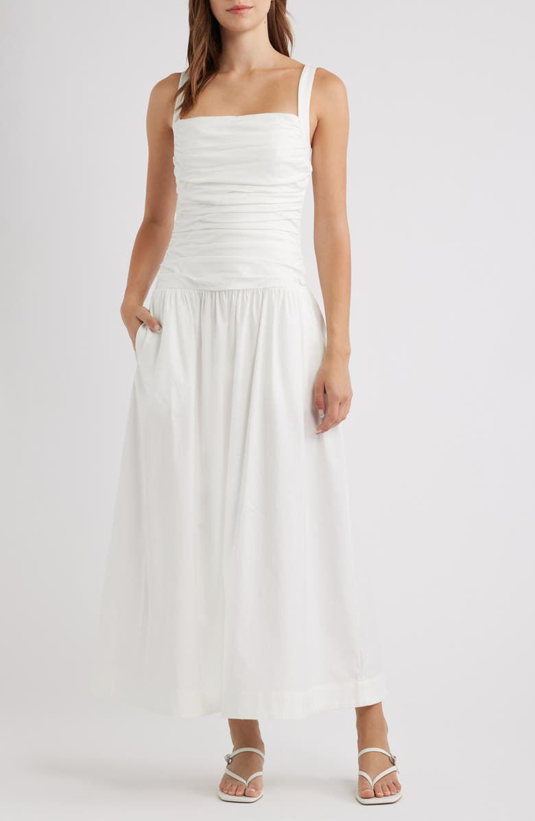 Reformation Nesta Ruched Bodice Stretch Cotton Dress, Main, color, White