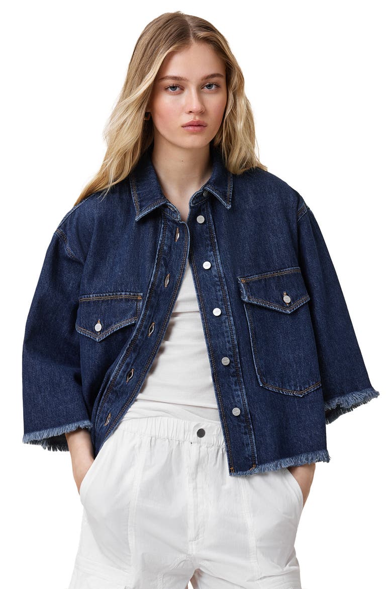 Faye Raw Hem Denim Shirt, Alternate, color, MID INDIGO