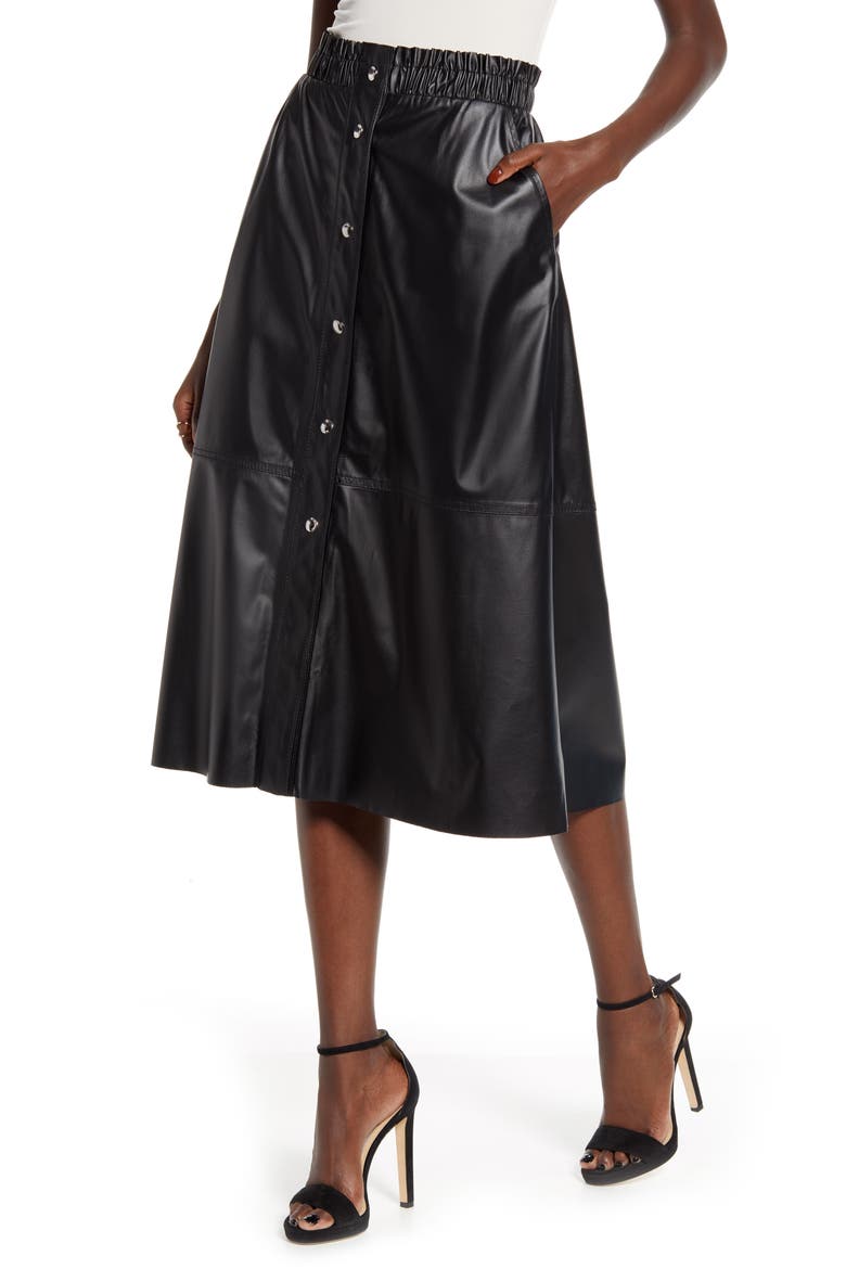 Snap Front Faux Leather Midi Skirt, Main, color, ONYX