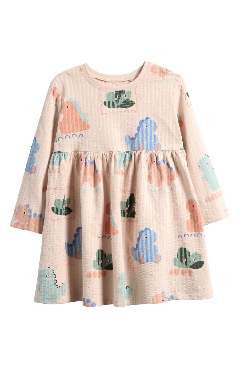 NEXT Kids' Dinosaur Print Long Sleeve Cotton Dress, Main, color, Cream