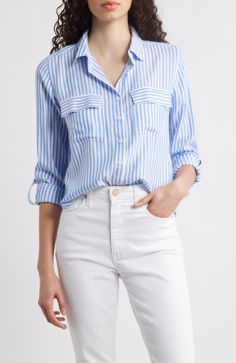 beachlunchlounge Fallon High-Low Button-Up Shirt, Main, color, Blue Ice