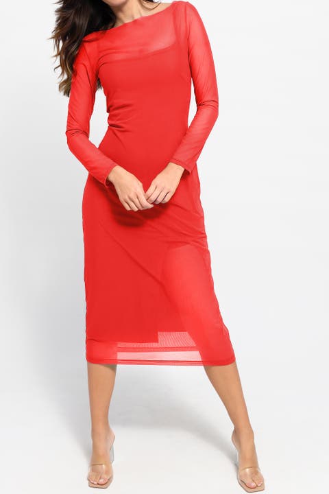 Shapewear Slimming Midi Dress and Sheer Mesh Overlay Set