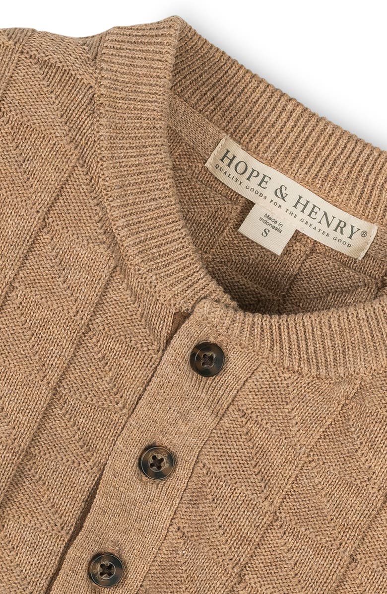 Hope & Henry Kids' Organic Long Sleeve Henley Pullover Sweater with Elbow Patches, Alternate, color, Camel Heather Grid