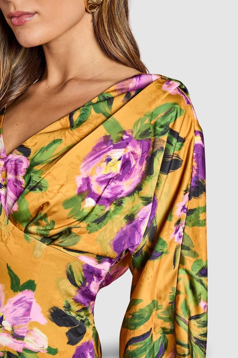 Printed Satin Cowl Back Maxi Dress, Alternate, color, Chartreuse