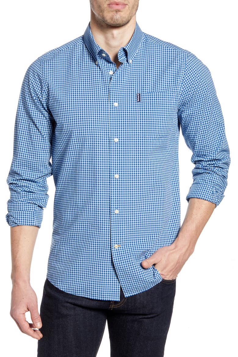 Gingham 19 Tailored Fit Button-Up Shirt, Main, color, NAVY