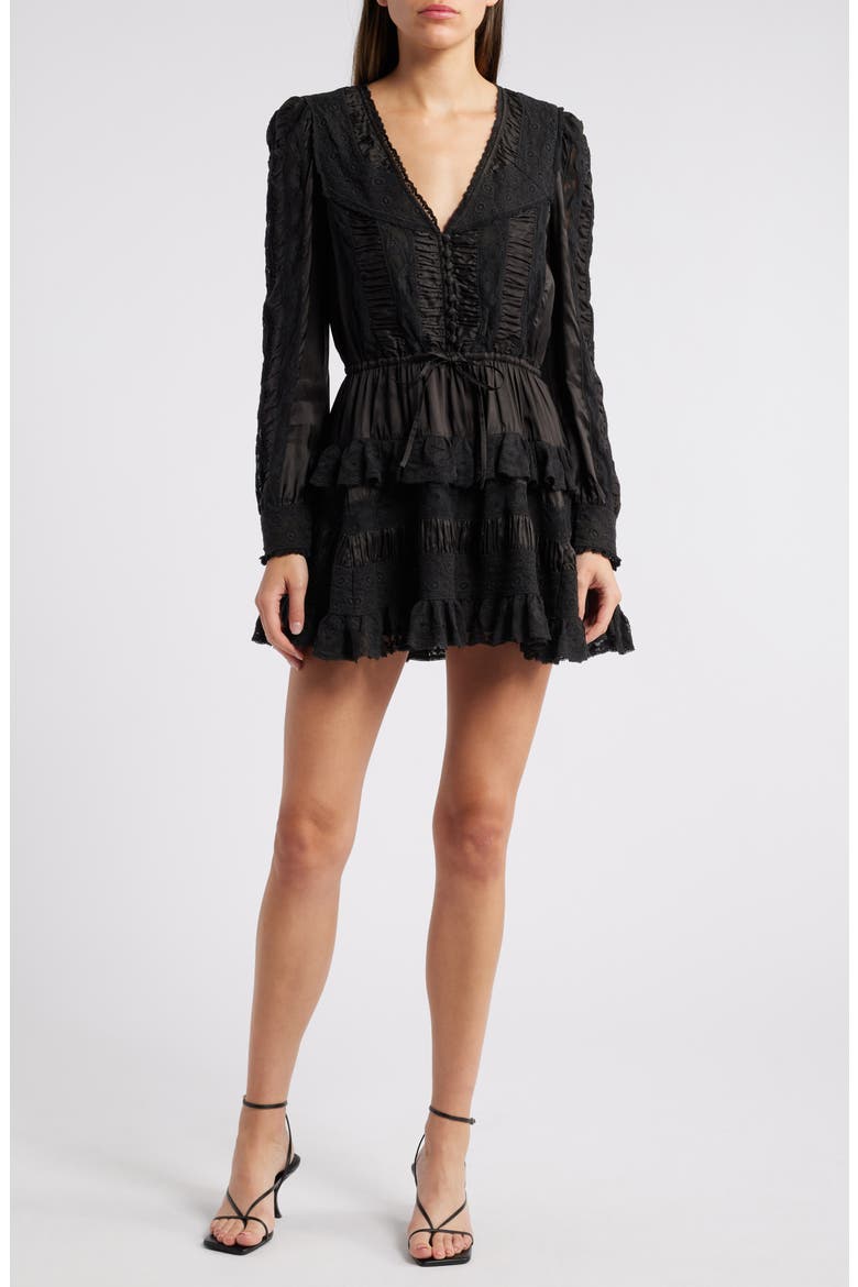 Kal Lace Trim Long Sleeve Minidress, Main, color, BLACK