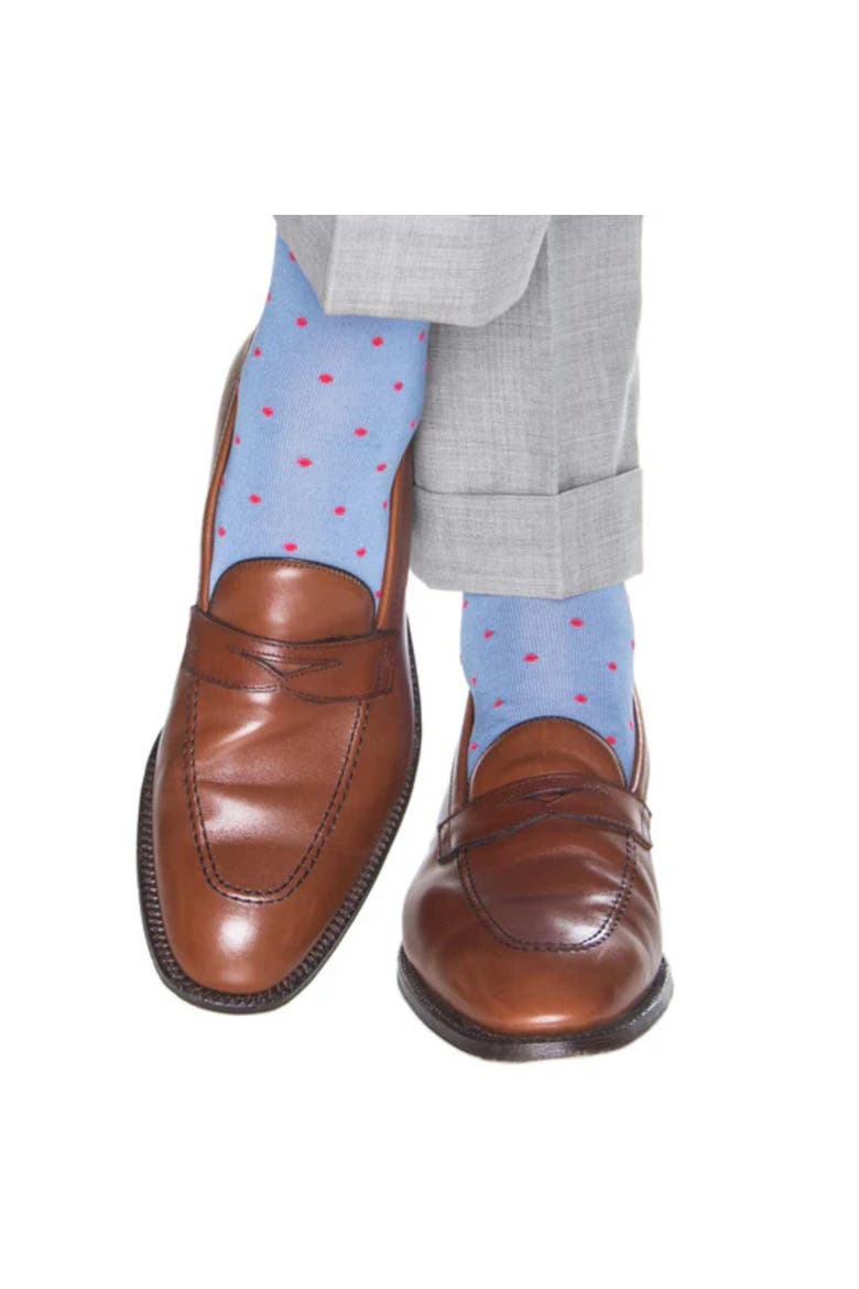 Leo Polka Dot Mercerized Cotton Mid-Calf Socks, Alternate, color, Light Blue with Coral Dots