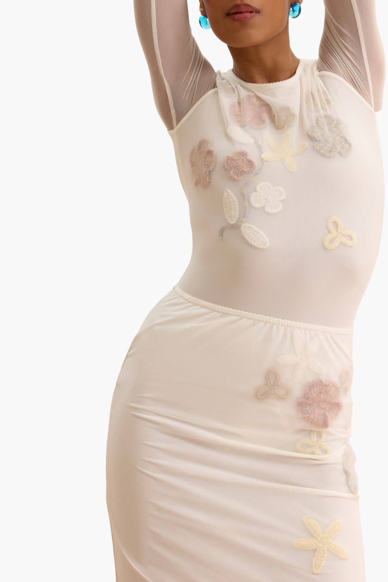 Bridal Sheer Mesh Bodysuit With 3D Florals, Alternate, color, White