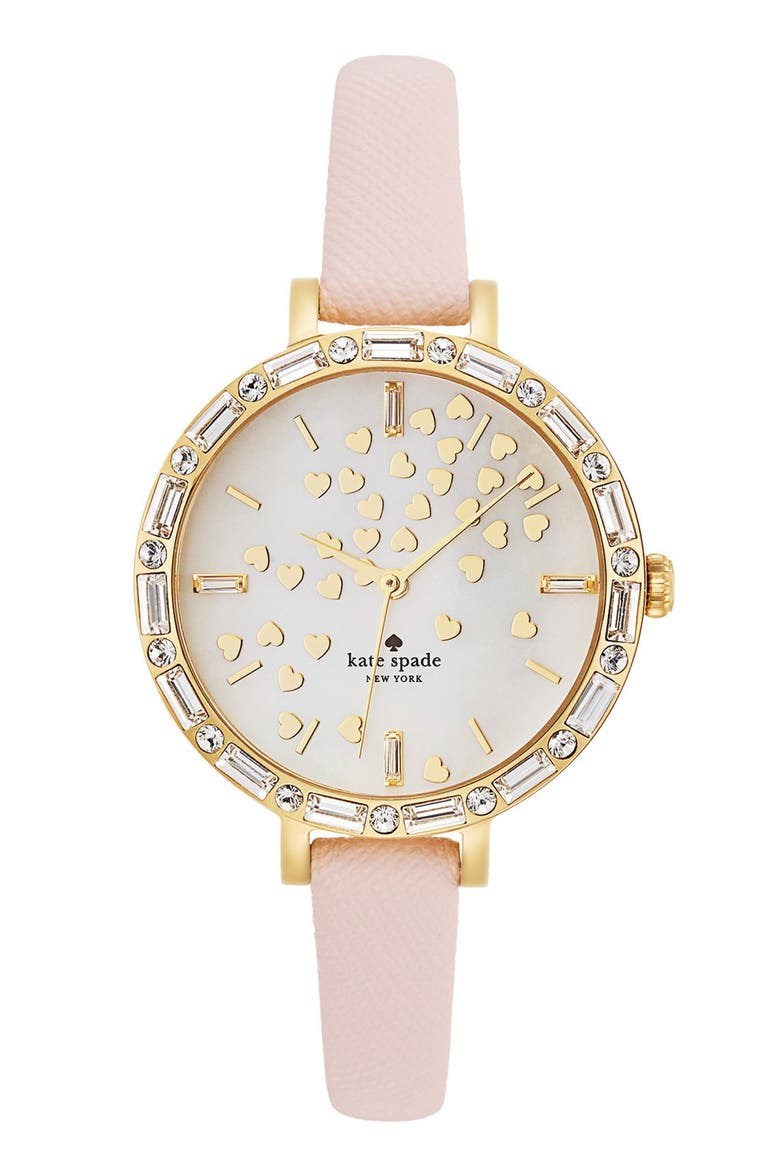'metro' crystal bezel heart dial watch, 34mm, Main, color, LIGHT PINK/ GOLD