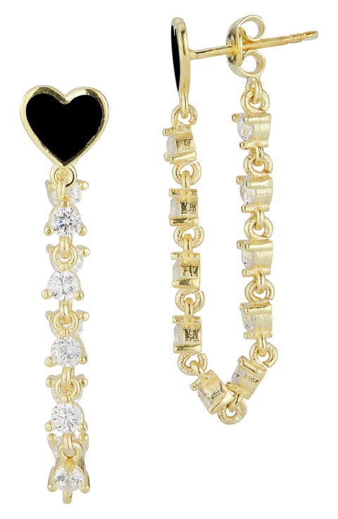 CZ Heart Enamel Chain Drop Earrings