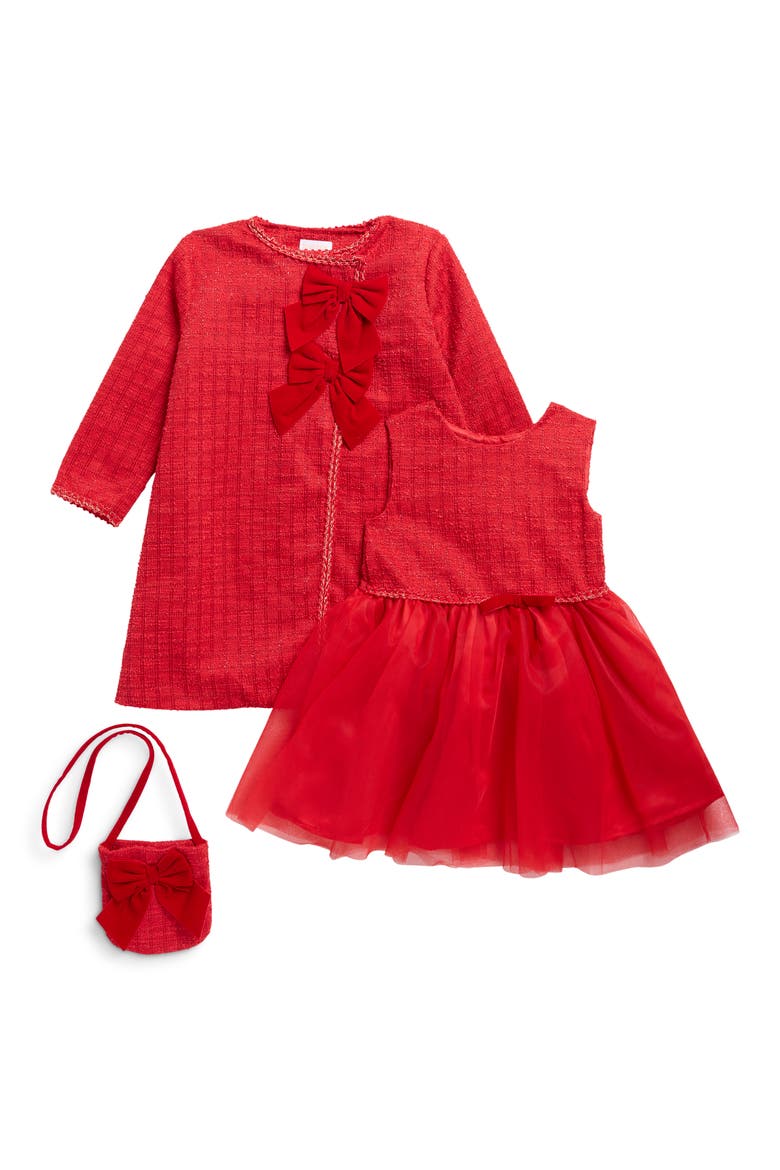 Kids' Bouclé Party Dress, Coat & Purse Set, Main, color, BRIGHT HOLIDAY RED