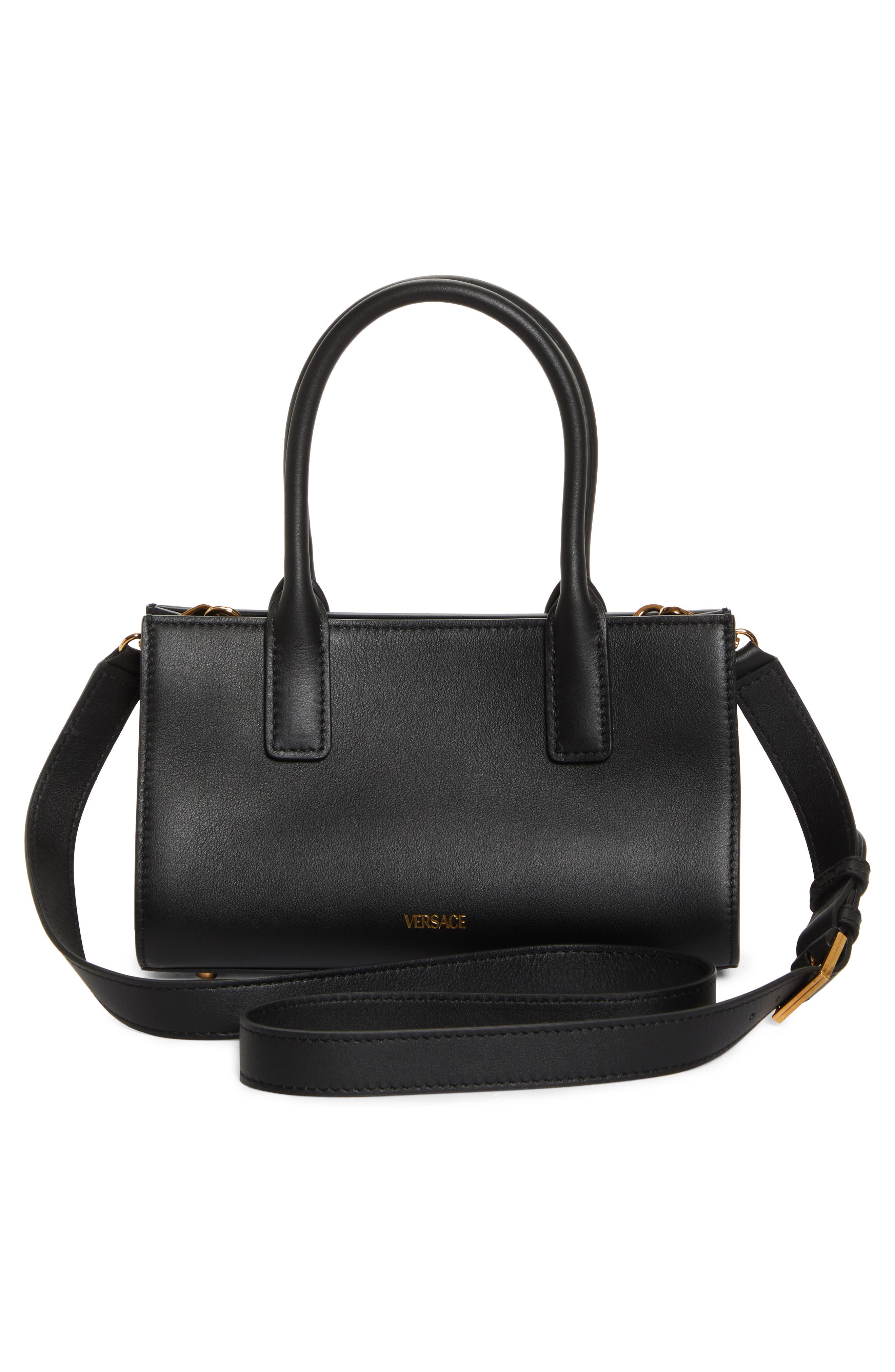 Versace Medusa Small Belted Leather Tote, Alternate, color, Black-Versace Gold