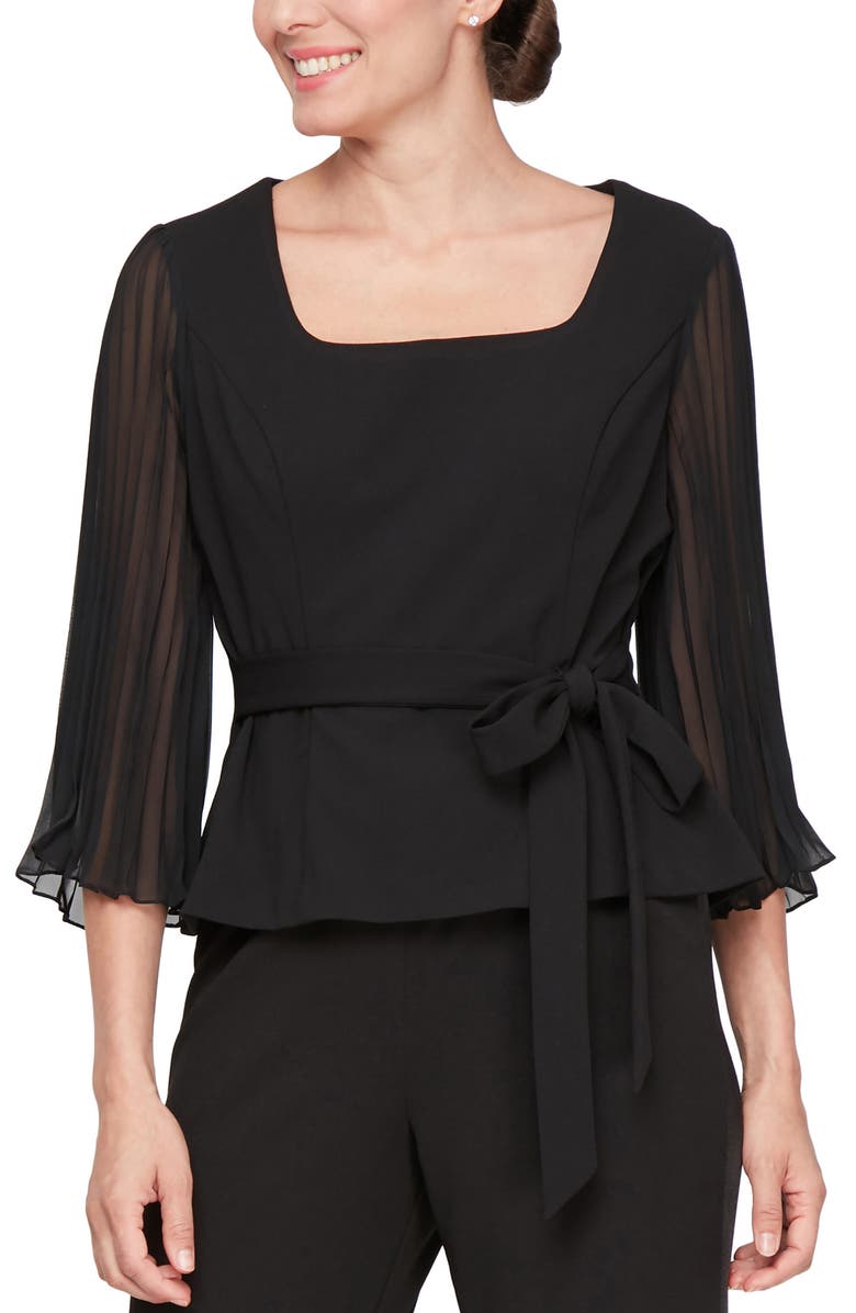 Alex Evenings Sheer Sleeve Tie Waist Top, Main, color, Black