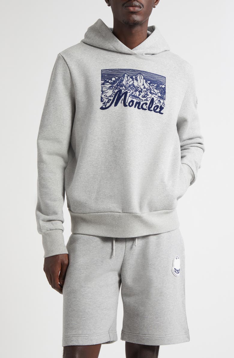 Moncler Embroidered Mountain Logo Cotton Hoodie, Main, color, Extra Light Gray Melange