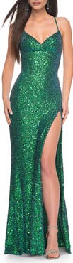 La Femme Irridescent Sequin Long Prom Gown with Lace Up Back