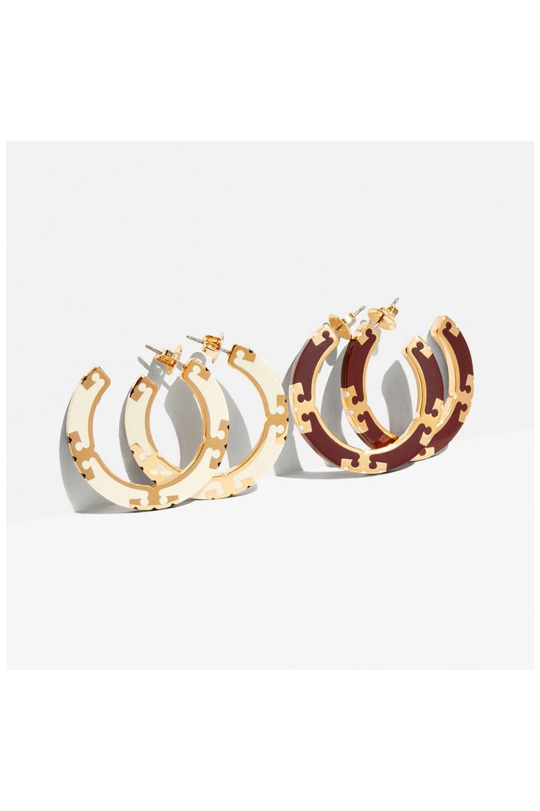 T-Stripe Hoop Earrings, Alternate, color, TORY GOLD / NEW IVORY / BLACK