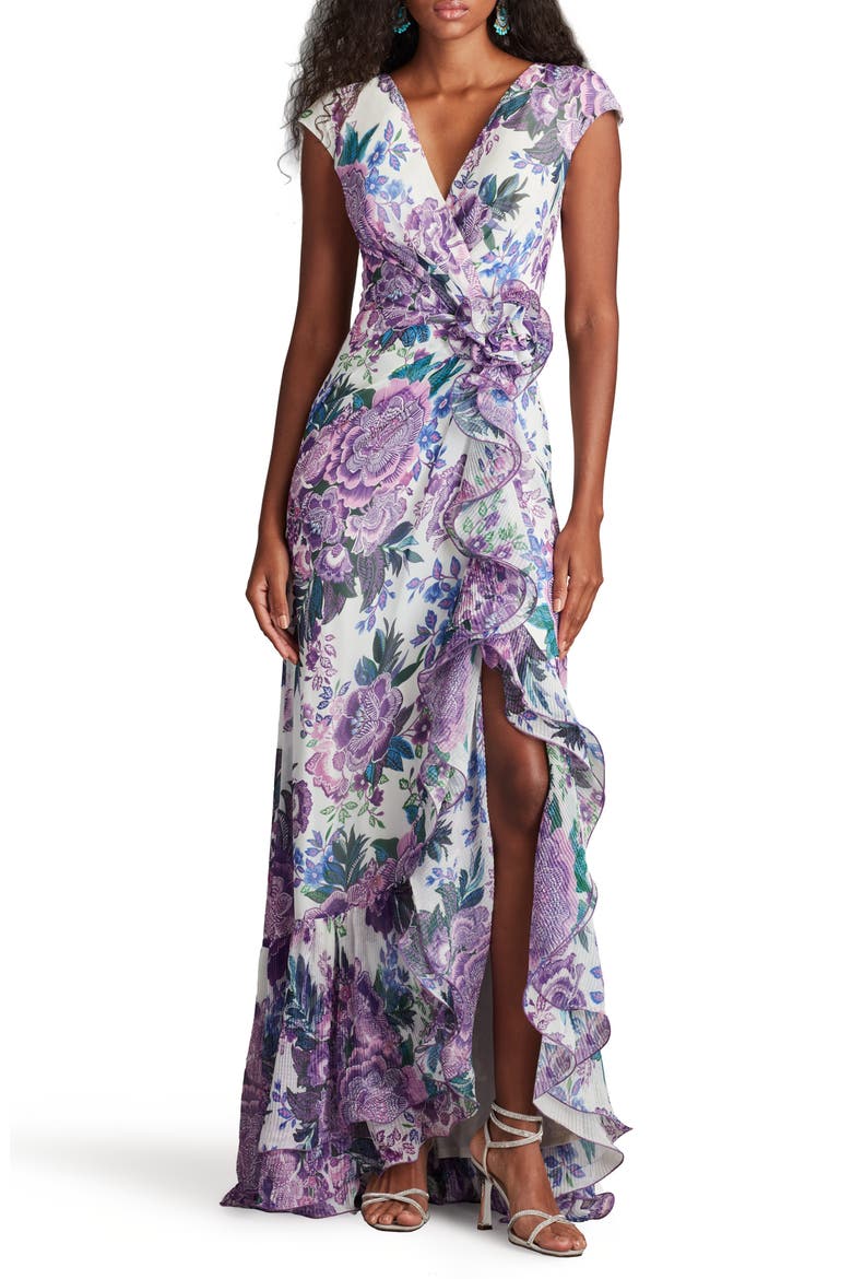 Floral Wire Ruffle Detail Gown, Main, color, WHITE/PURPLE FLORAL