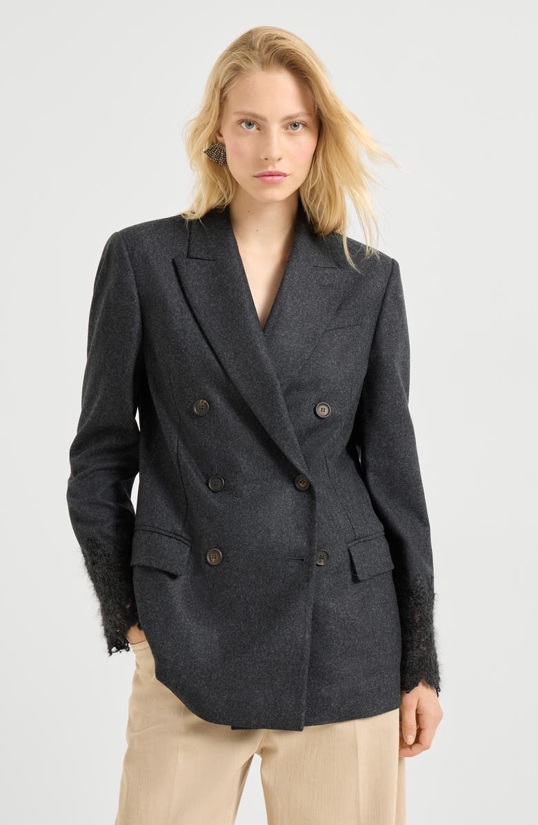 Brunello Cucinelli Blazer with wispy lace cuffs, Alternate, color, Dark Grey