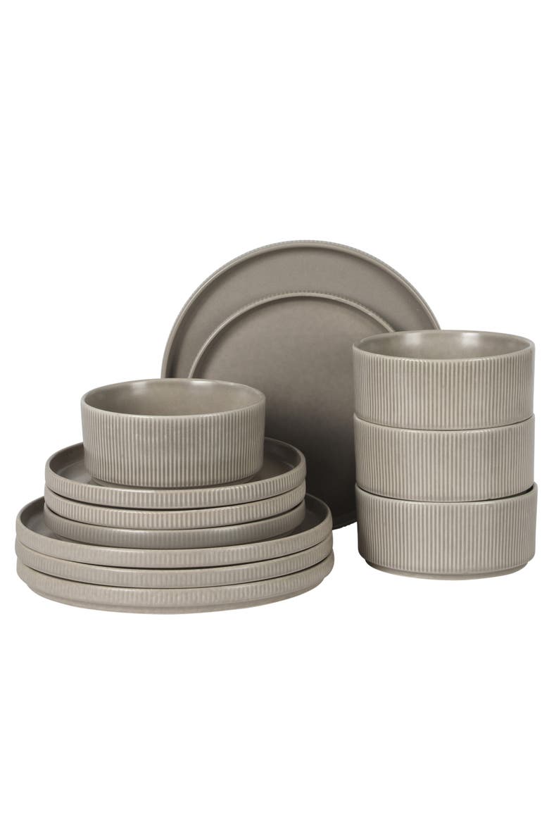 Avant-Garde 12-Piece Reactive Glaze Stoneware Dinnerware Set, Main, color, Chateau Grey