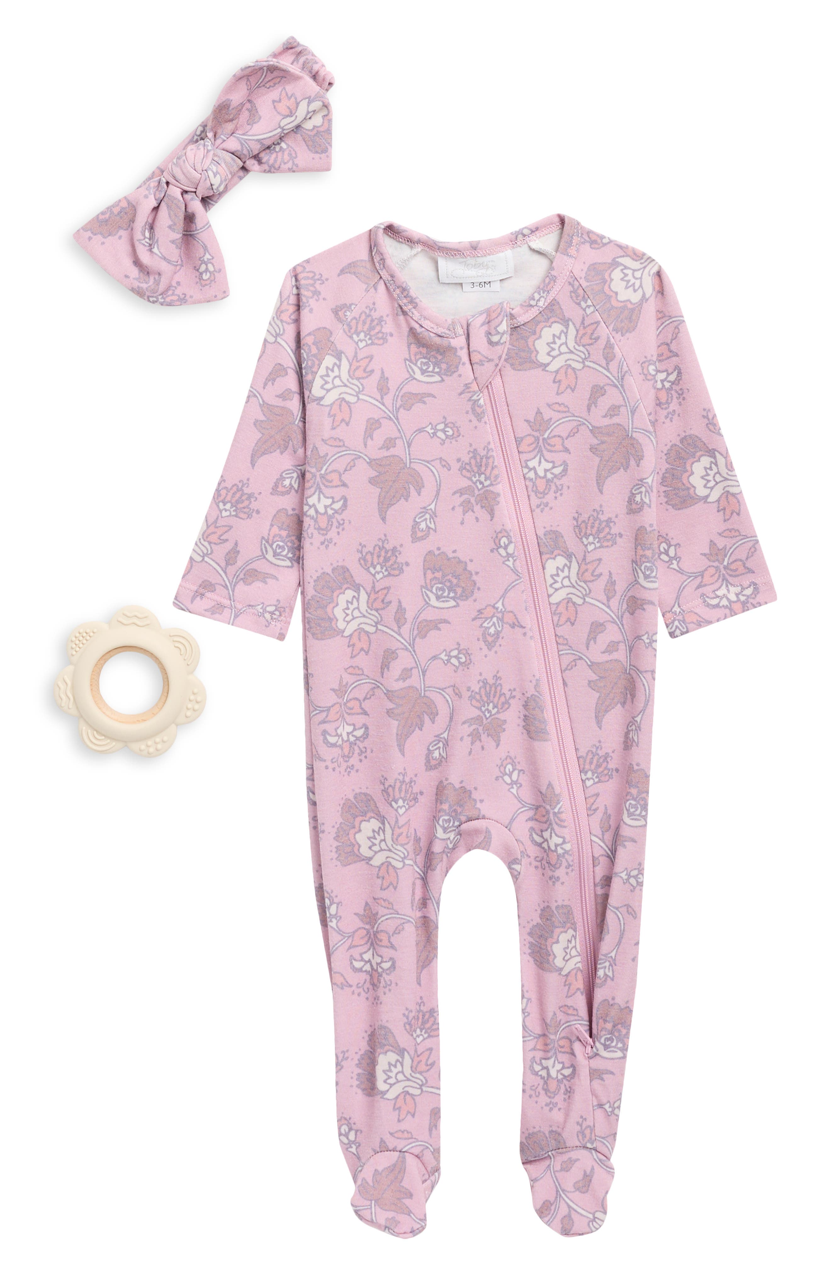Toby Ditsy Floral Print Footie, Bow & Teether Set